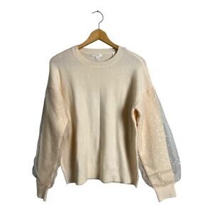 Lauren Conrad Cream Puff Sleeve Womens Sweater Sequin Girly Oversized Comfy Cozy